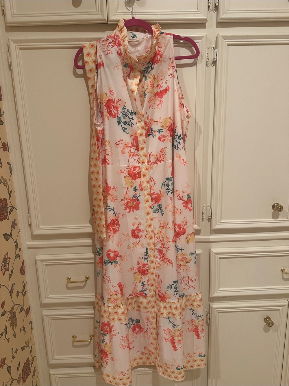 Sleeveless Pink Floral Button-Front Maxi Dress
